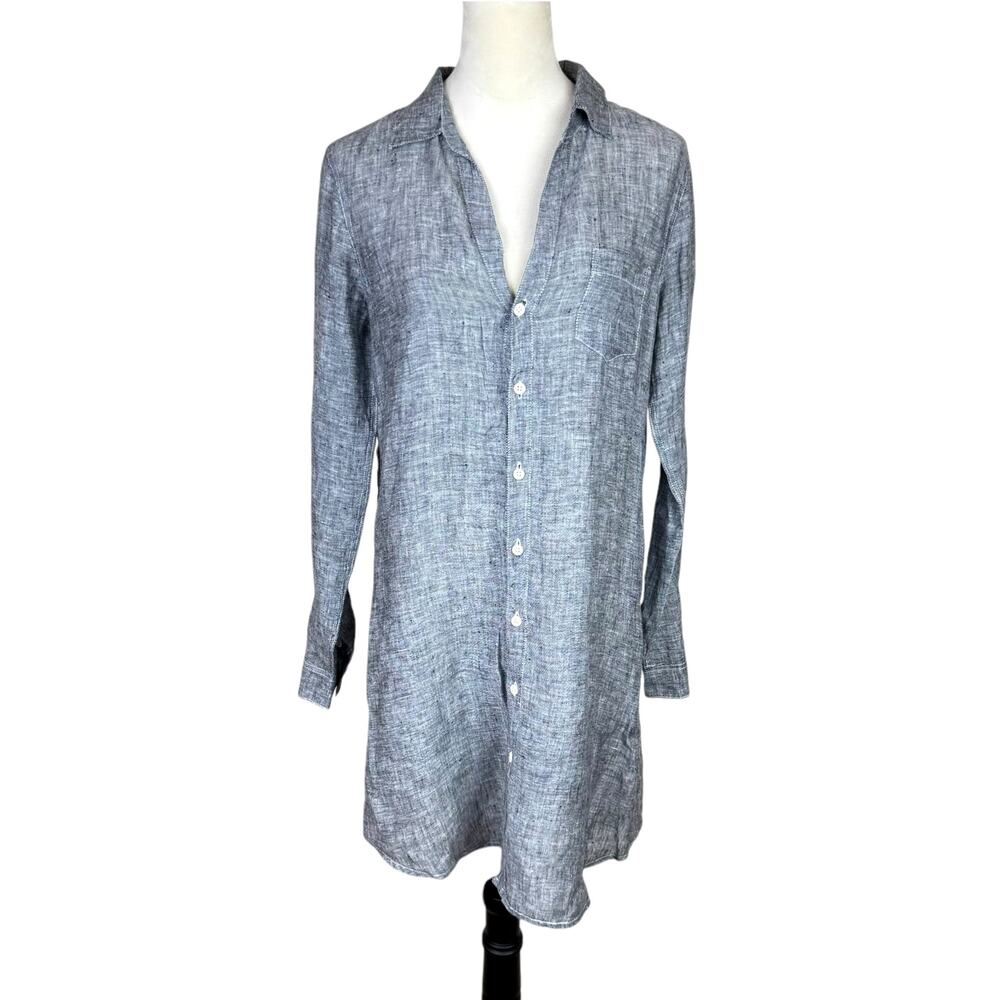 CP Shades Gray Black Heather 100% Linen Long Sleeve Button Up Tunic Dress Top